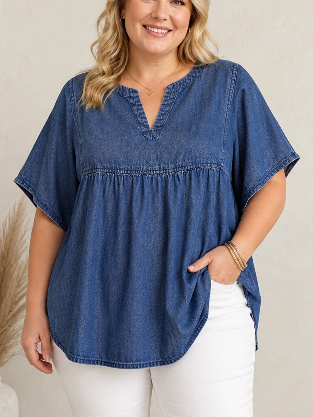Vanity Fair Chambray Denim Look Cotton Peasant Blouse Boho Poncho One Size